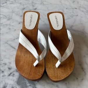 Vintage white leather Candie’s sandals. Wood 2-1/2” heel. Size 7